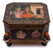 An Indian wood and polychrome decorated spice box: the square hinged lid decorated with figures in