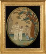 A Regency period silkwork picture of a mother and child with beggar woman: worked in coloured