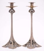 A pair of Art Nouveau Secessionist plated metal candlesticks: in WMF style,