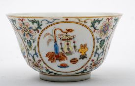 A Chinese famille rose medallion bowl: with flared rim and short cylindrical foot rim,
