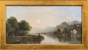 Attributed to William Gosling [19th Century]- A river landscape, hunt and figures in the foreground,