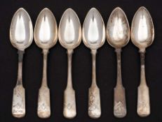 A set of six early to mid 19th century Scottish provincial silver Fiddle pattern teaspoons,