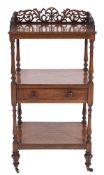 A Victorian rosewood rectangular three tier whatnot:,