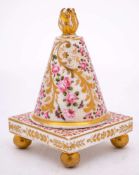 A Chamberlain (Worcester) porcelain pastille burner: of conical form with hollow flamiform knop set