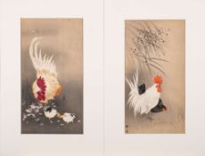 Tsukioka Kogyo A Japanese woodblock print, A White Rooster with Black Hen: 33 x 17cm.