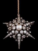 A Victorian pearl and diamond star burst pendant/brooch: the central pearl (untested) approximately