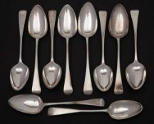 Ten George III silver Old English pattern tablespoons, various makers and dates: initialled,