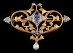 An Art Nouveau sapphire and rose diamond-set pendant/brooch: of openwork foliate scroll design with