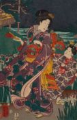 Kuniyoshi A Japanese woodblock print, Mother and Child Viewing Irises at Night: 33 x 21cm.