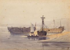 Attributed to Samuel Prout [1783-1852]- Hulks and shipping in a calm bay,