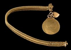 A close curb mesh-link bracelet: with attached George III spade guinea and heart-shaped charm,