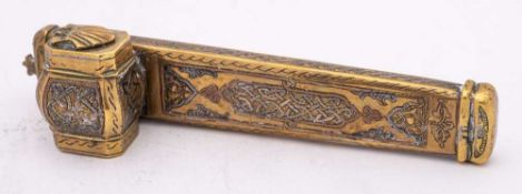 An Islamic silver and copper inlaid brass scribe's case [Qalamdan]: with integral inkwell,