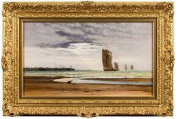 Arthur Joseph Meadows [1843-1907]- Off Calais; fishing fleet returning, low tide,
