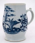 A Liverpool [William Reid] blue and white barrel-shaped mug: with scroll handle and thumb rest,