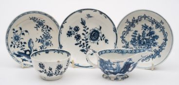 A mixed lot of Lowestoft and Bow blue and white porcelain: comprising a Lowestoft saucer printed
