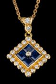 A modern 18ct gold, sapphire and diamond square pendant: on chain,