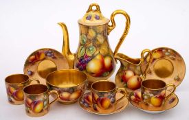 A Royal Worcester fruit painted coffee service: comprising a coffee pot and cover, cream jug,