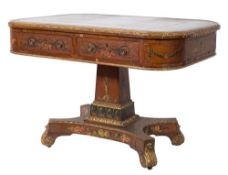 A 19th Century satinwood, partly gilt and decorated library table:,