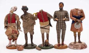 A collection of five Indian plaster and polychrome decorated educational figures: each figure