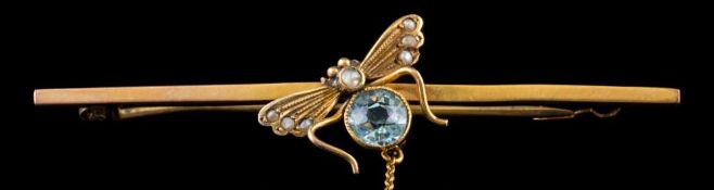 Five various gem-set bar brooches: to include a sapphire and diamond cluster motif brooch,