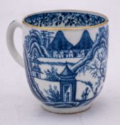 A Bow blue and white coffee cup: painted with figures and sanpans in an extensive rocky river