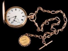 A gold plated hunter pocket watch: the white enamelled dial with Roman numerals and subsidiary