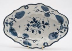 A First Period Worcester blue and white dessert dish: of fluted lozenge form,