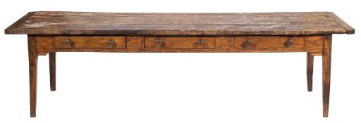 A 19th Century elm and pine farmhouse kitchen table:, with a pine four plank cleated top,