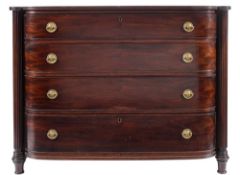 A Regency mahogany bow fronted chest:, the top with a reeded edge,