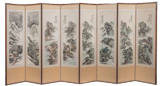 A Chinese eight-fold screen: the panels painted with extensive mountainous lake and river