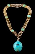 A turquoise mounted 9ct gold, curb-link two-strand bracelet: suspending a larger turquoise pendant,