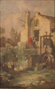 Manner of Canaletto, early 19th Century- Figure by an overshot mill,:- oil on panel, 21 x 13cm.