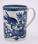 A Caughley blue and white cylindrical mug: with grooved loop handle,