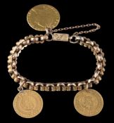 A 19th Century bracelet: of shaped matted linking with two half-guineas and a spade guinea attached,