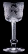 An English wine glass: the bucket shaped bowl engraved with a portrait of Bonnie Prince Charlie