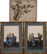 A pair of Chinese pith paintings and one similar: the pair painted with a dignitary and an elegant