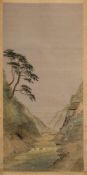 A Japanese silkwork scroll: depicting a retreat within an extensive mountainous river landscape,