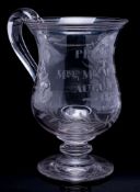 A large presentation glass mug, dated 1850: of bell shape on knopped pedestal foot,