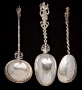 A Continental silver apostle spoon: the egg-shaped bowl initialled with pricked decoration dated