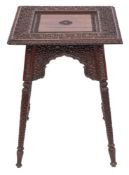 A late 19th Century Indian carved hardwood square occasional table:,