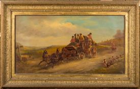 John Charles Maggs [1819-1896] - The London to Bath Mail Coach with hounds and a fox on the road,