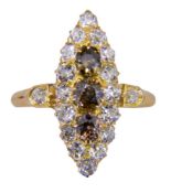 A late 19th Century coloured diamond marquise-shaped cluster ring: set with three round old,
