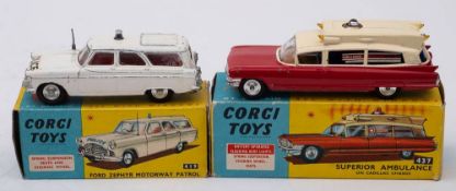 Corgi No 436 Superior Ambulance on Cadillac Chassis: white and red body, brown interior spun hubs,