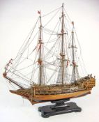 A scale model of a Royal Navy man-o-war:, standing and running rigged over decks with grates,