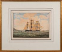 British School, Circa 1840- A Ship of The Line in Plymouth Sound,:- watercolour, 20 x 29cm.