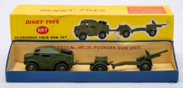 Dinky 697 25-Pounder Field Gun Set: artillery tractor ammunition trailer and gun in military green