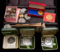 Three 1972 silver proof crowns : together with a small group of coins and two Butlins badges,