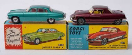 Corgi 238 Jaguar Mark X:, metallic green, red interior spun hubs, blue and yellow box,