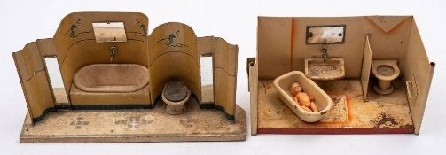 Two early 20th century tinplate bathroom sets: one three sided open room with detachable bath,