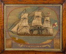 A Victorian woolwork picture of HMS Warrior: the central portrait of the ship set full sail and at